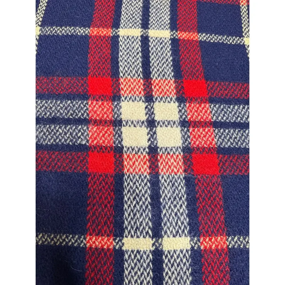 1960s CarlDyke Tartan Wool Stadium Blanket Red Navy Plaid Fringe 51x38